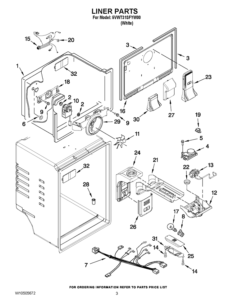 LINER PARTS Diagram and Parts List for 5VWT31SFYW00  Whirlpool Refrigerator