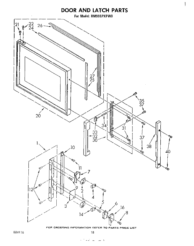 DOOR AND LATCH Diagram and Parts List for RM988PXPW0  Whirlpool Microwave Oven Combo