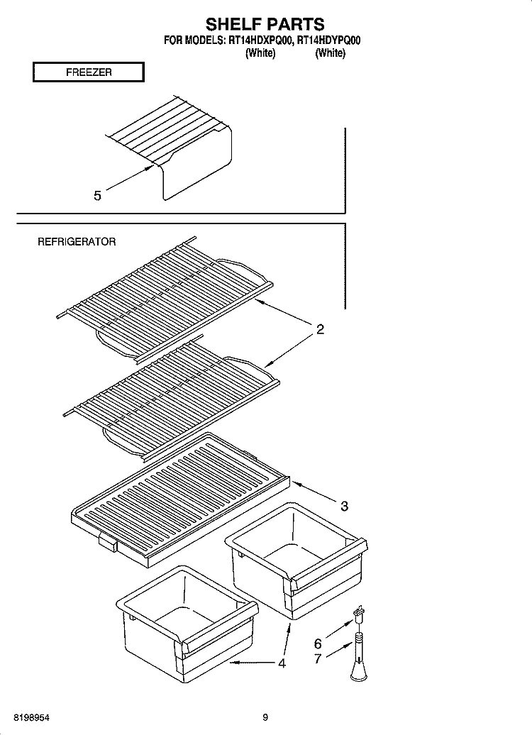 SHELF PARTS, OPTIONAL PARTS (NOT INCLUDED) Diagram and Parts List for RT14HDYPQ00  Roper Refrigerator