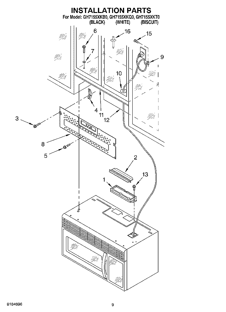 INSTALLATION Diagram and Parts List for GH7155XKB0  Whirlpool Microwave