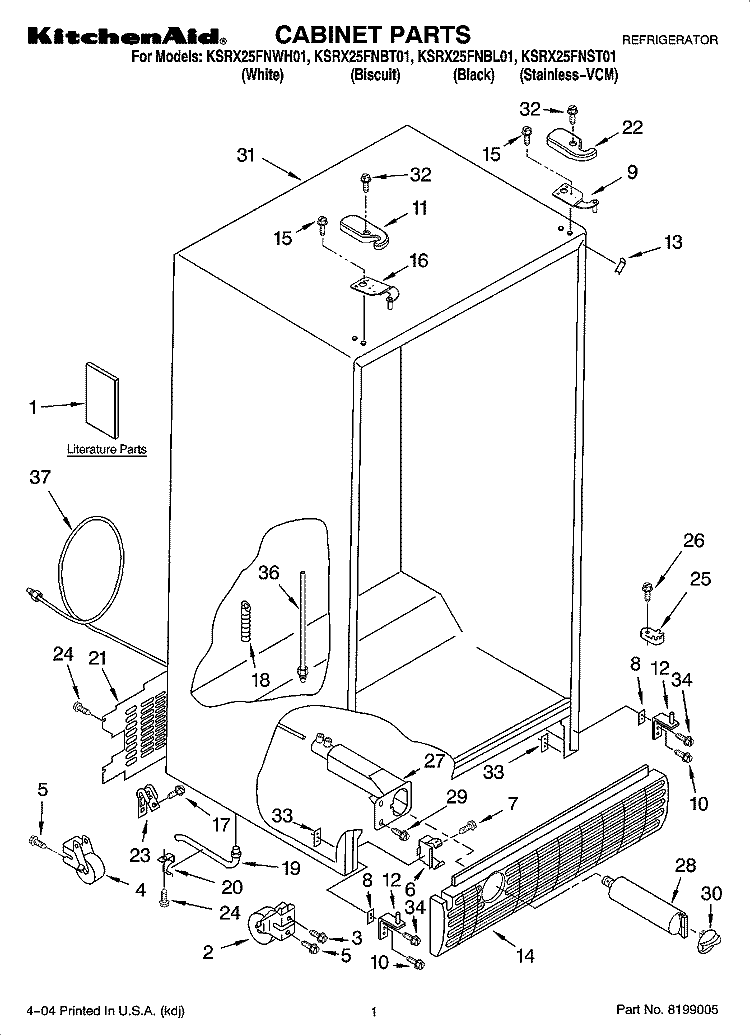 CABINET PARTS Diagram and Parts List for KSRX25FNBL01  KitchenAid Refrigerator
