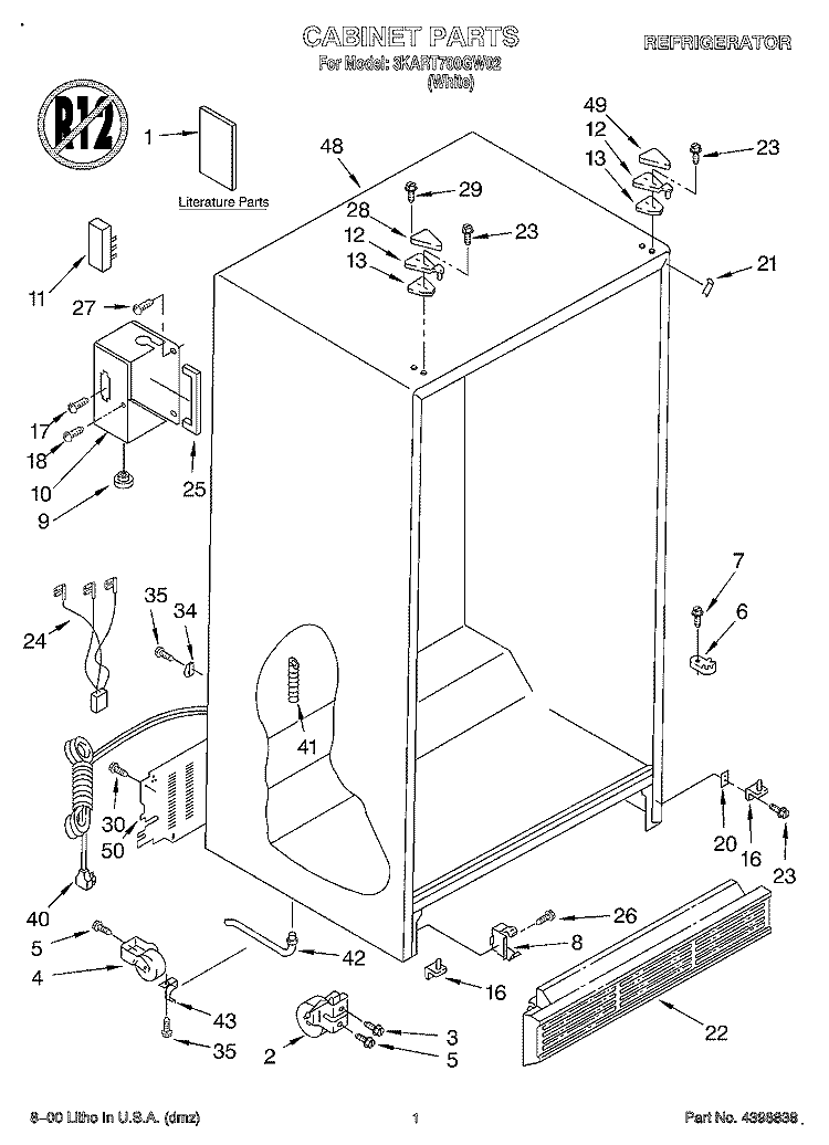 CABINET, LITERATURE Diagram and Parts List for 3KART700GW02  Whirlpool Refrigerator