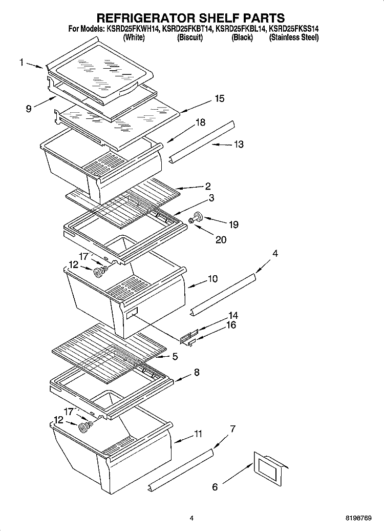 REFRIGERATOR SHELF PARTS Diagram and Parts List for KSRD25FKBL14  KitchenAid Refrigerator