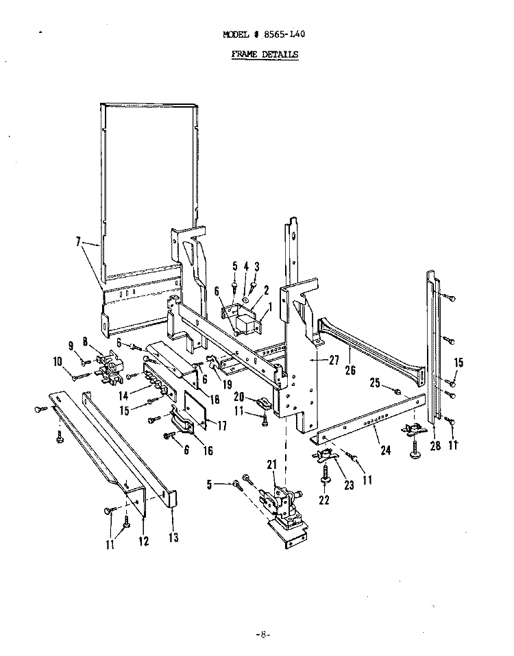 FRAME Diagram and Parts List for 8565L40  Roper Dishwasher