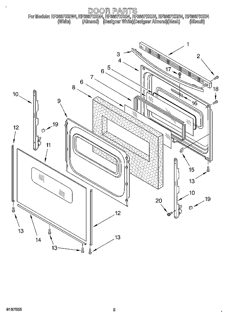 DOOR Diagram and Parts List for RF386PXGB4  Whirlpool Range