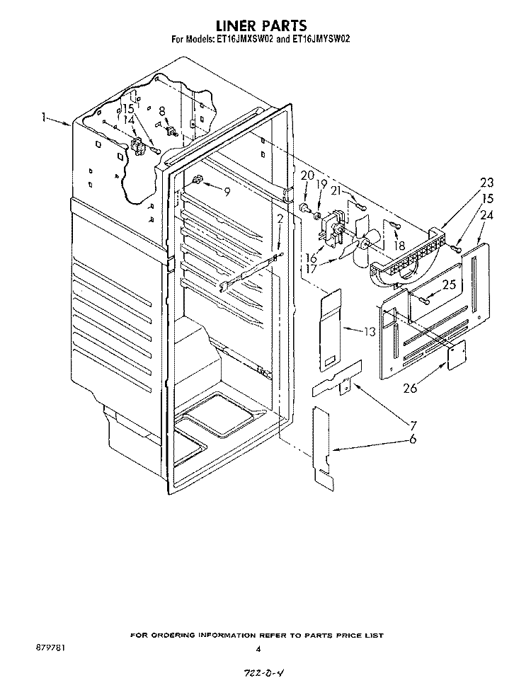 LINER Diagram and Parts List for ET16JMXSW02  Whirlpool Refrigerator