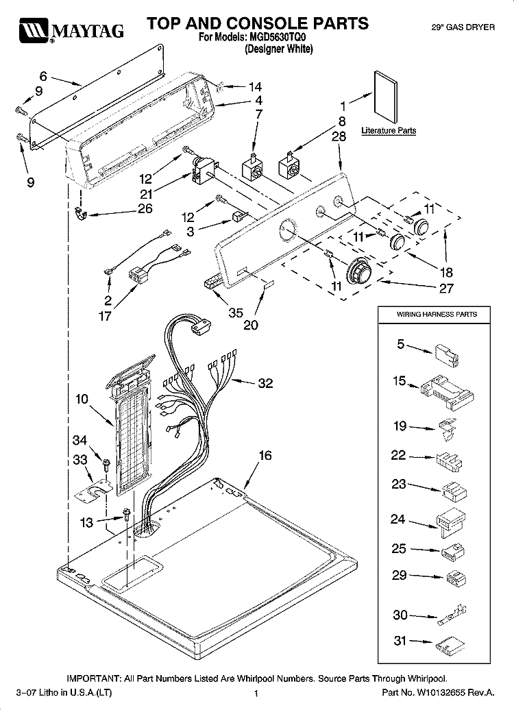 TOP AND CONSOLE PARTS Diagram and Parts List for MGD5630TQ0  Maytag Dryer