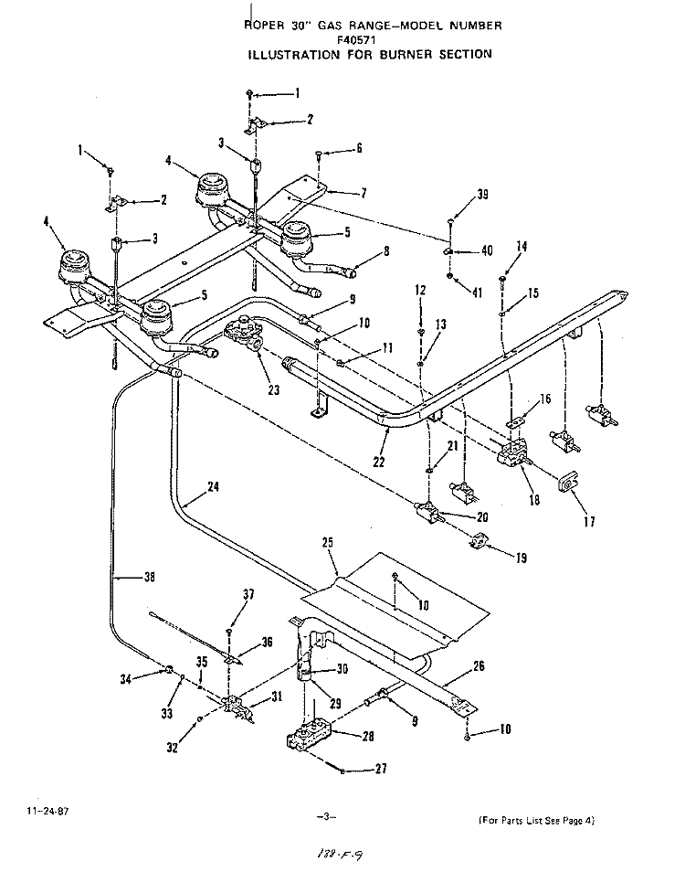 BURNER Diagram and Parts List for F4057W1  Roper Range