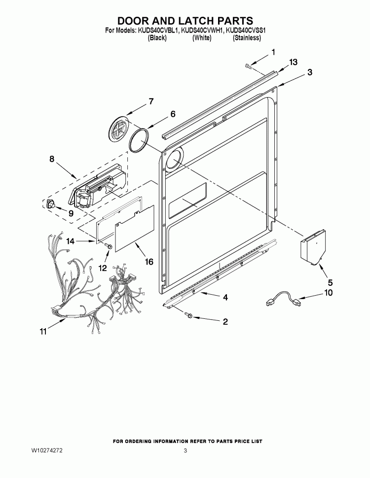 DOOR AND LATCH PARTS Diagram and Parts List for KUDS40CVSS1  KitchenAid Dishwasher