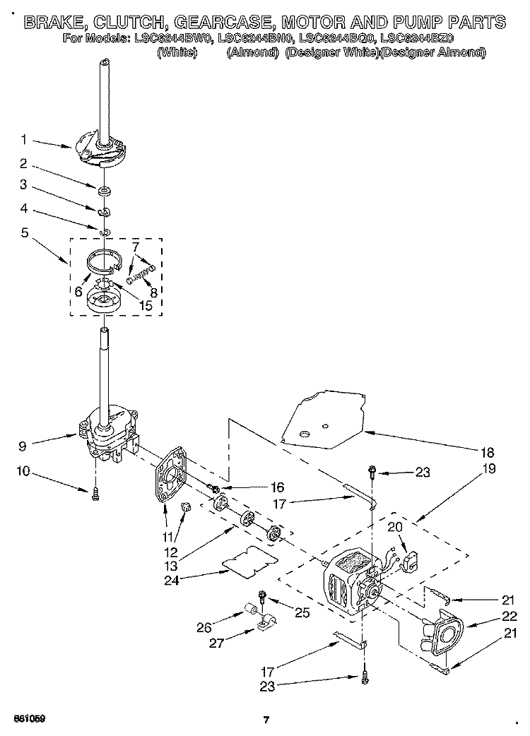 BRAKE, CLUTCH, GEARCASE, MOTOR & PUMP Diagram and Parts List for LSC6244BQ0  Whirlpool Washer