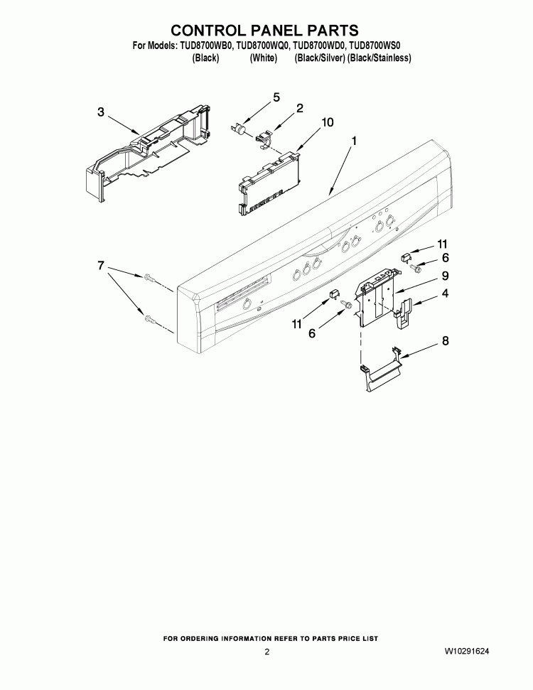 CONTROL PANEL PARTS Diagram and Parts List for TUD8700WS0  Estate Dishwasher