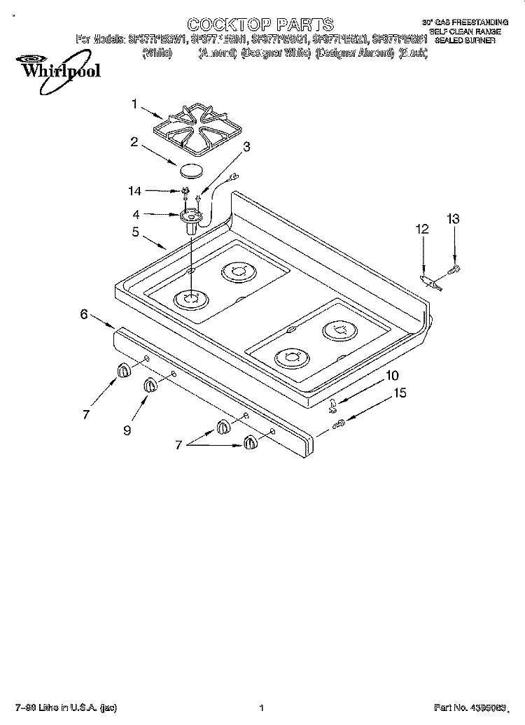 COOKTOP Diagram and Parts List for SF377PEGQ1  Whirlpool Range