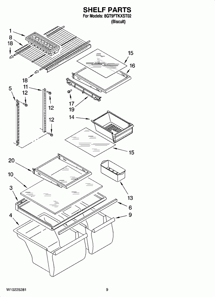 SHELF PARTS, OPTIONAL PARTS Diagram and Parts List for 8GT9FTKXST02  Whirlpool Refrigerator