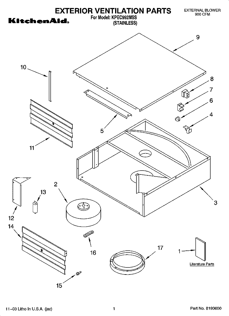 EXTERIOR VENTILATION PARTS Diagram and Parts List for KPEC992MSS  KitchenAid Range Hood