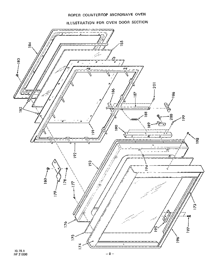 OVEN DOOR Diagram and Parts List for 2961010  Roper Wall Oven