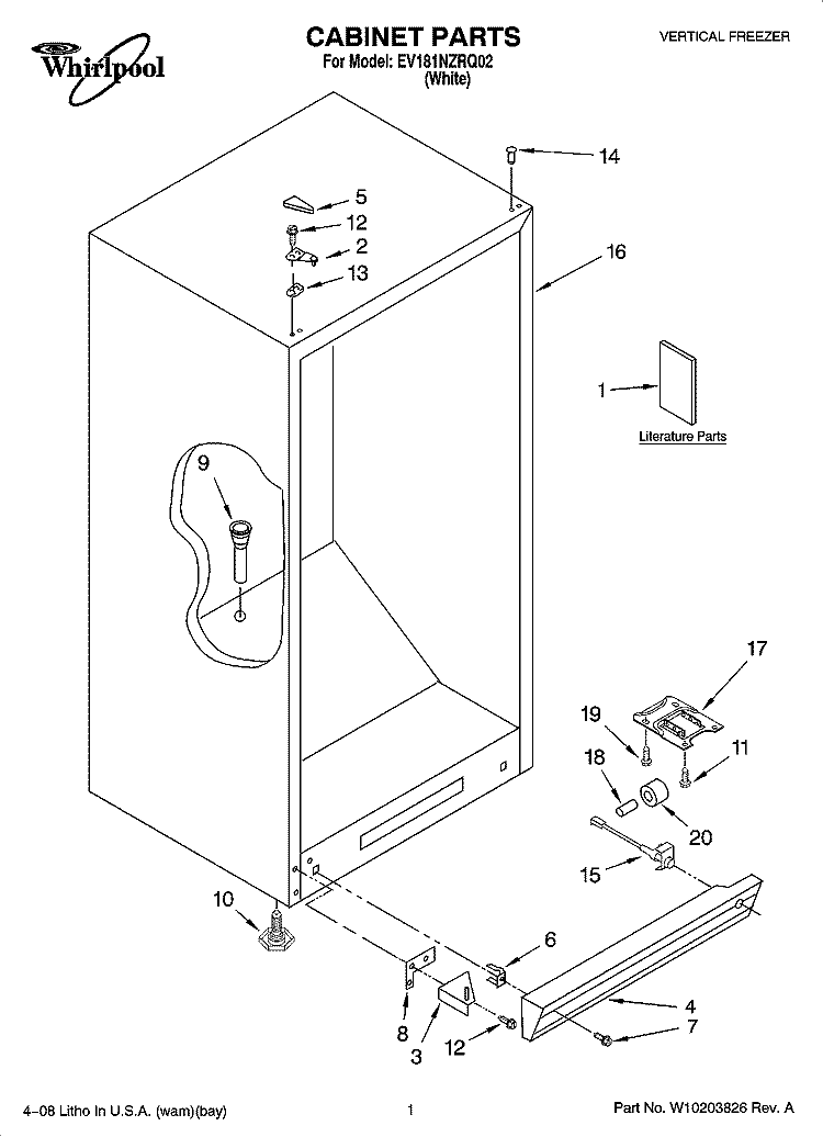 CABINET PARTS Diagram and Parts List for EV181NZRQ02  Whirlpool Freezer