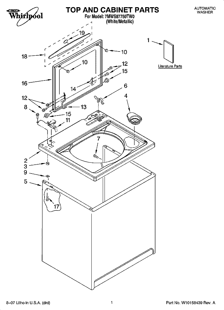 TOP AND CABINET PARTS Diagram and Parts List for 7MWS87750TW0  Whirlpool Washer