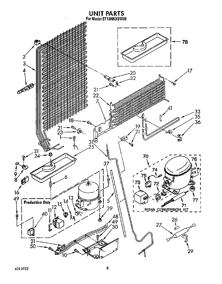 UNIT Diagram and Parts List for ET18NKXSW09  Whirlpool Refrigerator