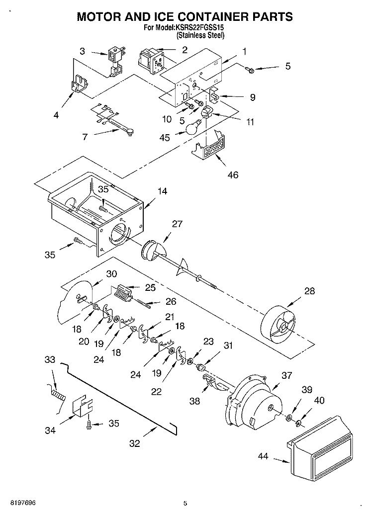 MOTOR AND ICE CONTAINER Diagram and Parts List for KSRS22FGSS15  KitchenAid Refrigerator