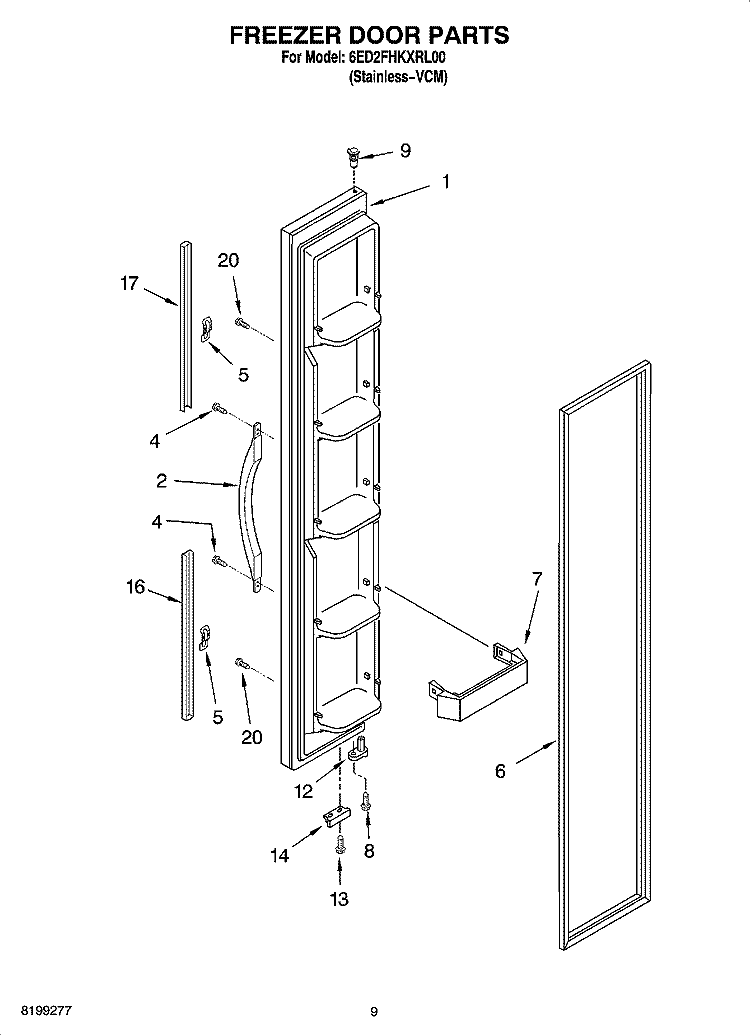 FREEZER DOOR PARTS Diagram and Parts List for 6ED2FHKXRL00  Whirlpool Refrigerator