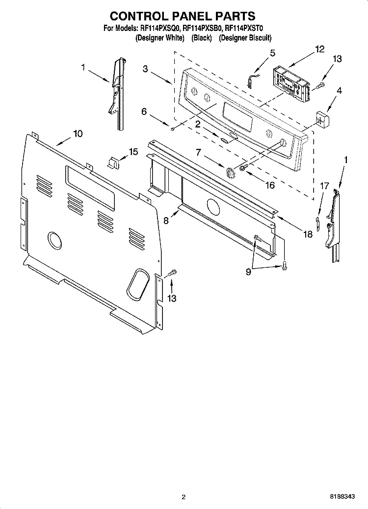 CONTROL PANEL PARTS Diagram and Parts List for RF114PXSB0  Whirlpool Range