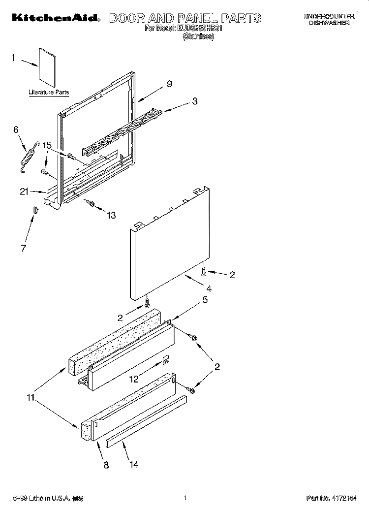 DOOR AND PANEL, LITERATURE Diagram and Parts List for KUDS25SHBS1  KitchenAid Dishwasher
