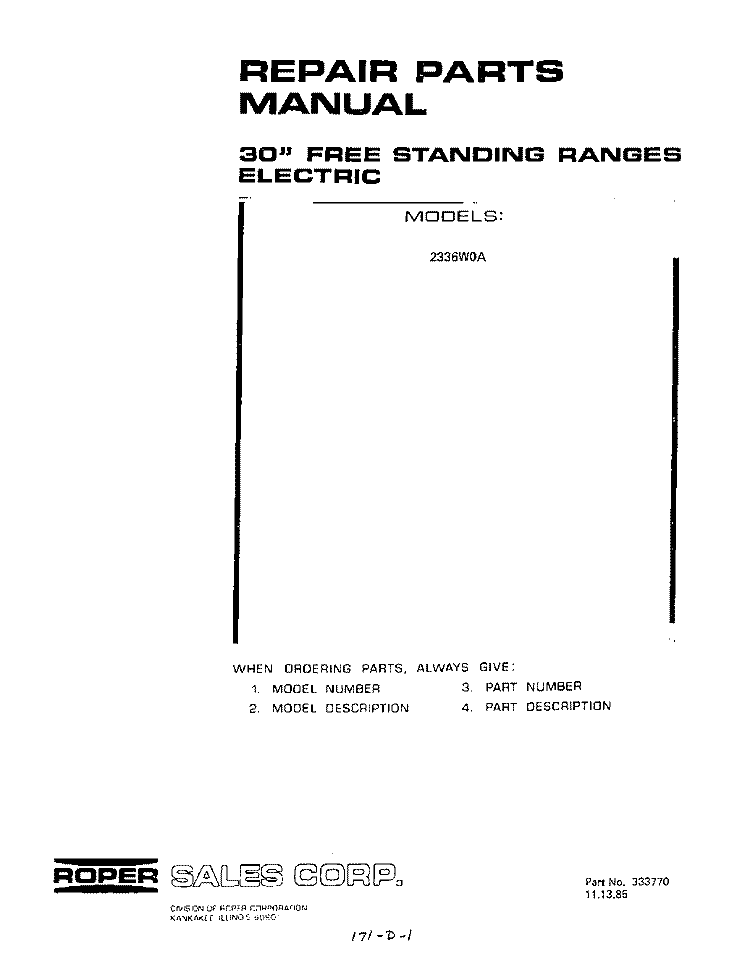 BACKGUARD Diagram and Parts List for 2336W0A  Roper Range