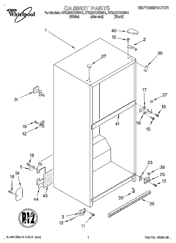 CABINET Diagram and Parts List for GT22DKXGN01  Whirlpool Refrigerator