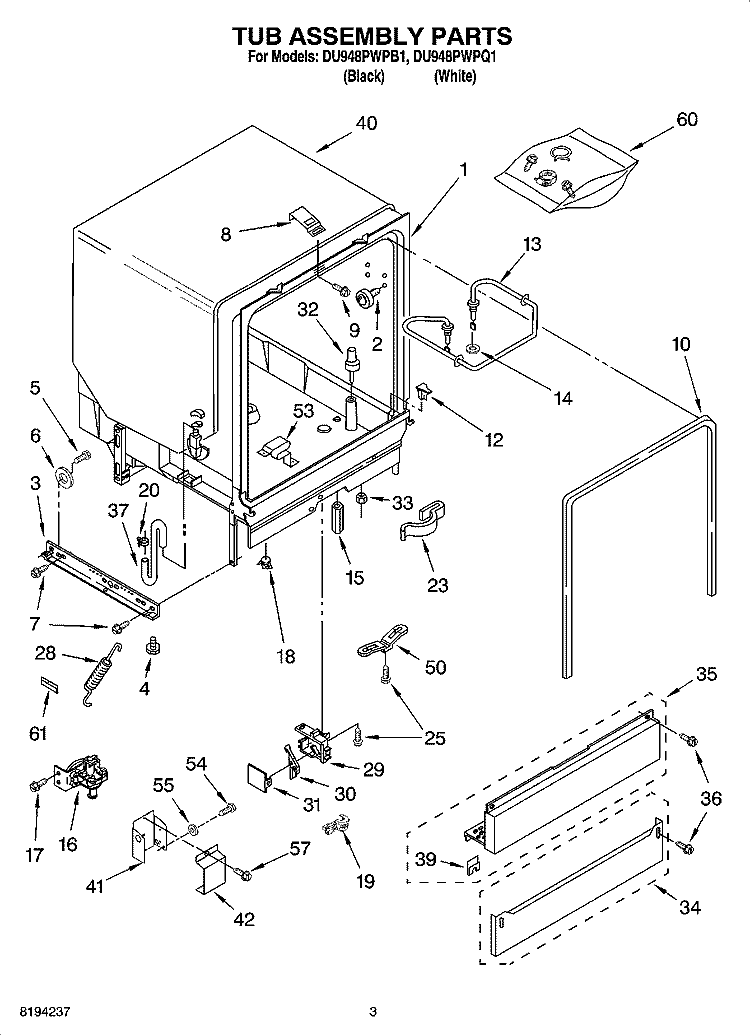 TUB ASSEMBLY PARTS Diagram and Parts List for DU948PWPQ1  Whirlpool Dishwasher