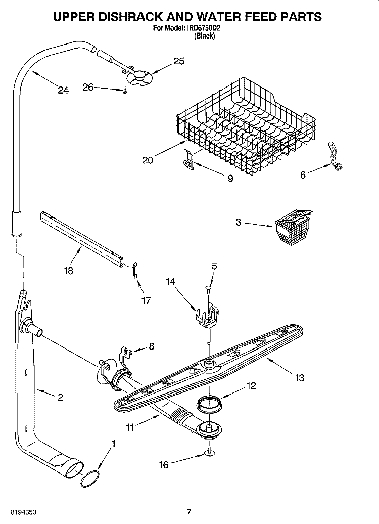 UPPER DISHRACK AND WATER FEED PARTS Diagram and Parts List for IRD6750D2  Inglis Dishwasher