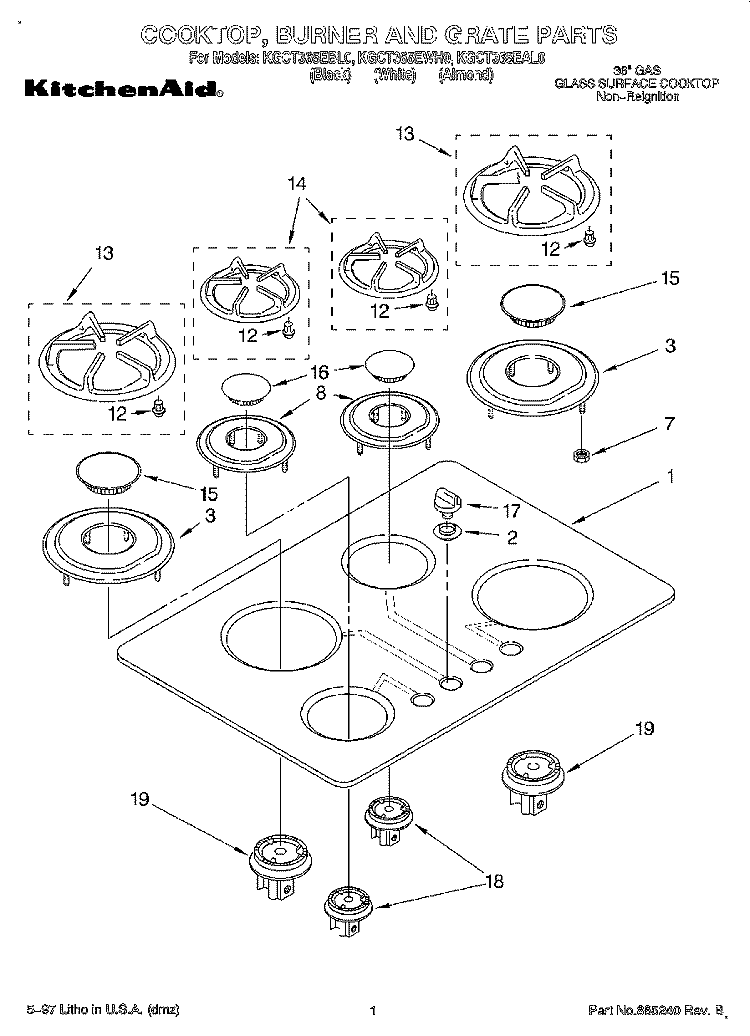 SECTION Diagram and Parts List for KGCT365EWH0  KitchenAid Cooktop