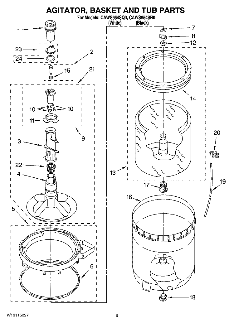 AGITATOR, BASKET AND TUB PARTS Diagram and Parts List for CAWS954SB0  Crosley Washer