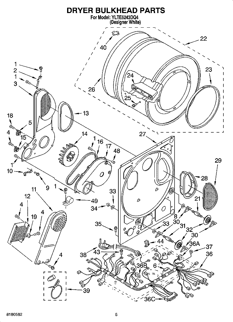 DRYER BULKHEAD PARTS Diagram and Parts List for YLTE5243DQ4  Whirlpool Washer Dryer Combo