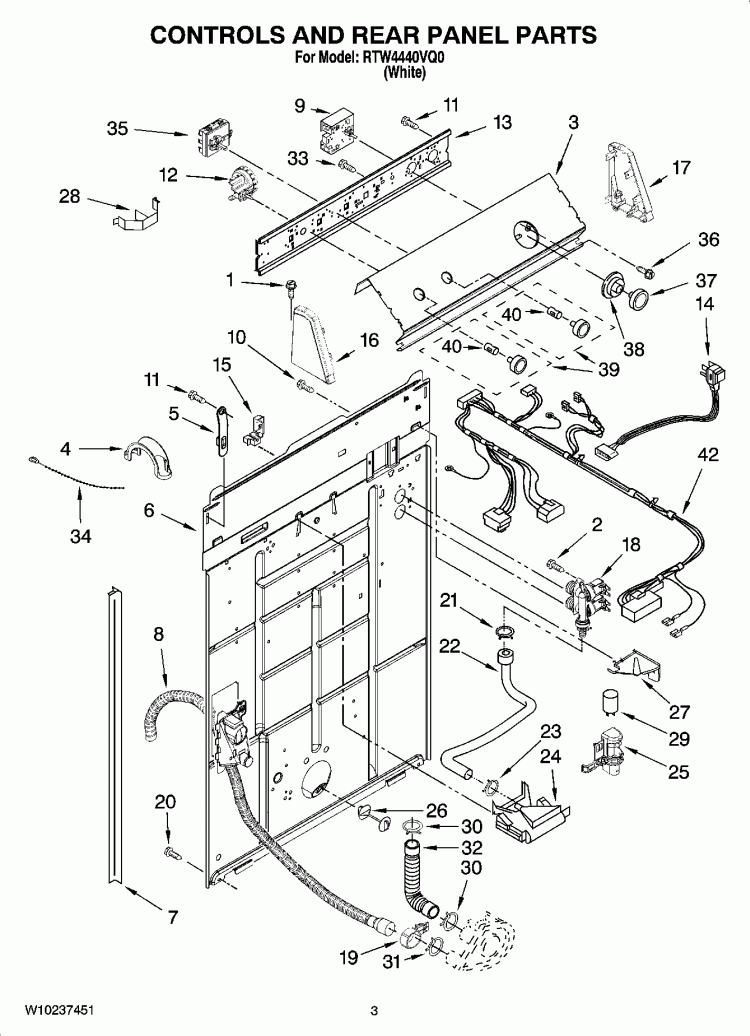 CONTROLS AND REAR PANEL PARTS Diagram and Parts List for RTW4440VQ0  Roper Washer