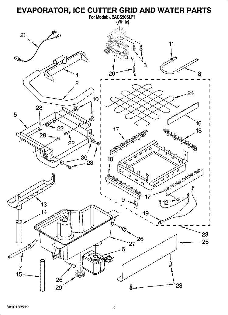 EVAPORATOR, ICE CUTTER GRID AND WATER PARTS Diagram and Parts List for JEACS50SLF1  Whirlpool Ice Maker