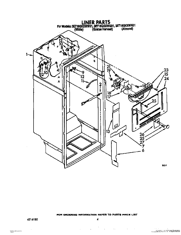 LINER Diagram and Parts List for 3ET18GKXWW01  Whirlpool Refrigerator