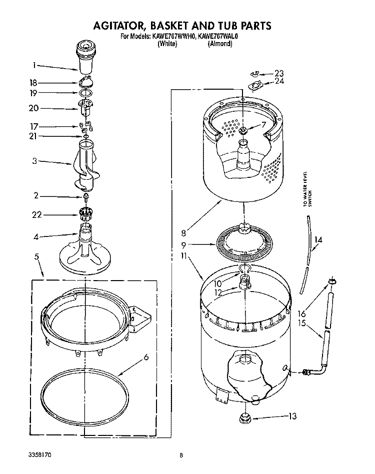 AGITATOR, BASKET, AND TUB Diagram and Parts List for KAWE767WWH0  KitchenAid Washer