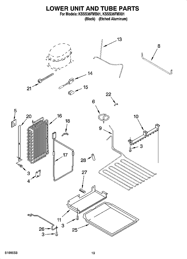 LOWER UNIT AND TUBE PARTS Diagram and Parts List for KSSS36FMB01  KitchenAid Refrigerator