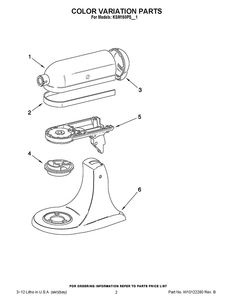 COLOR VARIATION PARTS Diagram and Parts List for KSM150PSGR1  KitchenAid Mixer