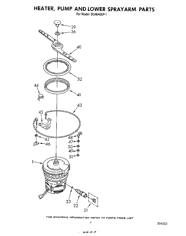 HEATER, PUMP AND LOWER SPRAYARM Diagram and Parts List for DU4040XP1  Whirlpool Dishwasher