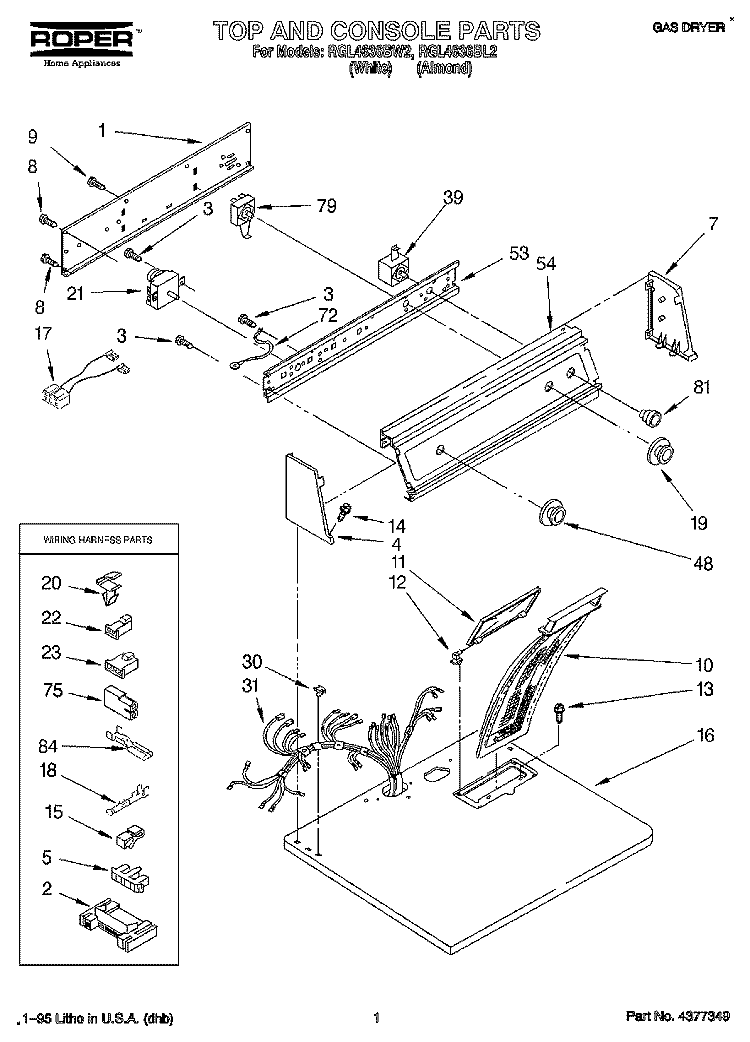 TOP AND CONSOLE, LIT/OPTIONAL Diagram and Parts List for RGL4636BL2  Roper Dryer