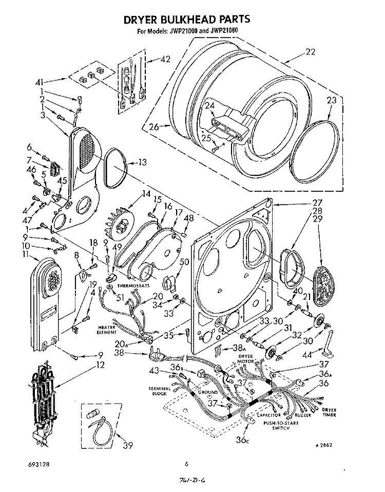 DRYER BULKHEAD Diagram and Parts List for JWP21000  Whirlpool Washer Dryer Combo