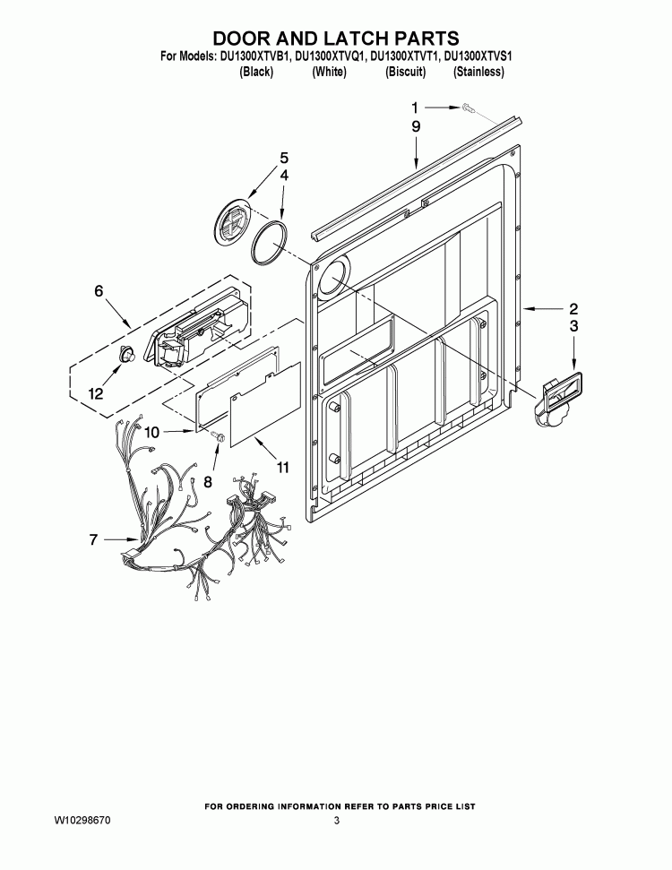 DOOR AND LATCH PARTS Diagram and Parts List for DU1300XTVQ1  Whirlpool Dishwasher