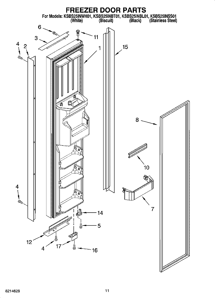 FREEZER DOOR PARTS Diagram and Parts List for KSBS25INWH01  KitchenAid Refrigerator