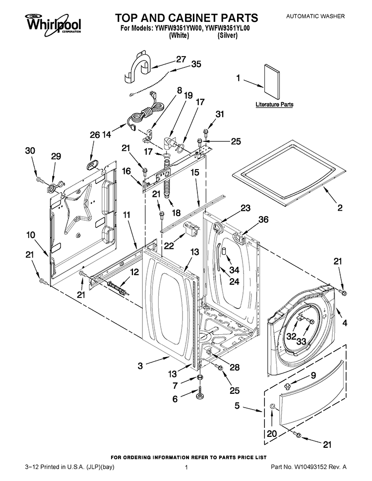 TOP AND CABINET PARTS Diagram and Parts List for YWFW9351YW00  Whirlpool Washer