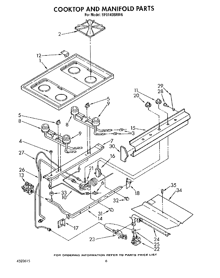 COOKTOP AND MANIFOLD, LIT/OPTIONAL Diagram and Parts List for SF0140SRW6  Whirlpool Range