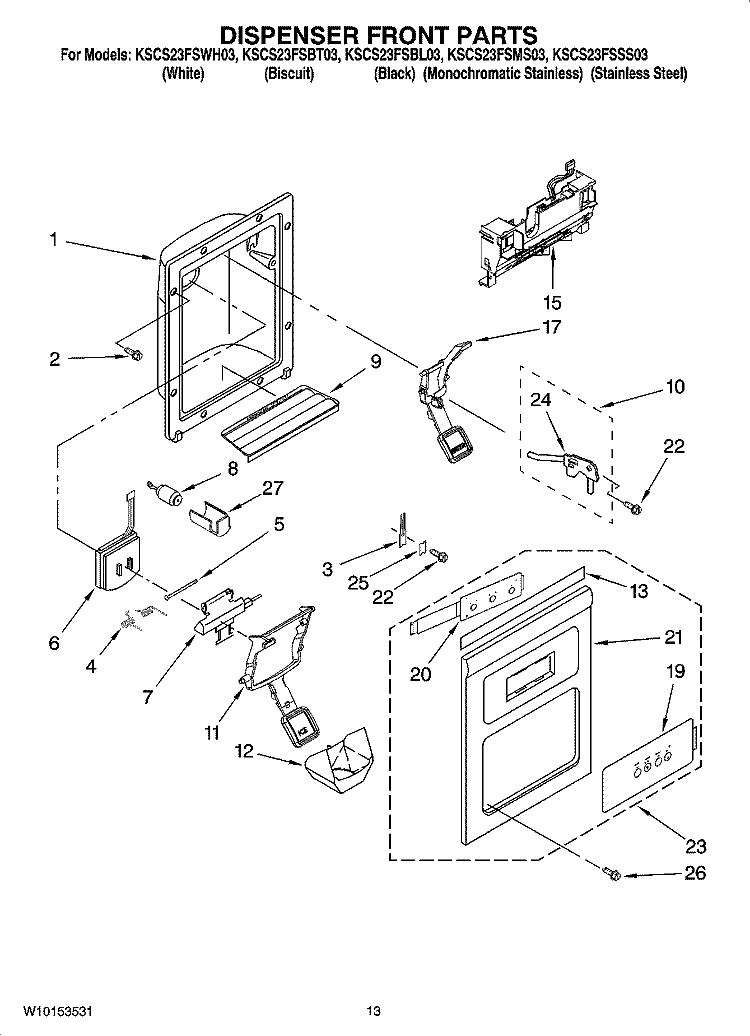 DISPENSER FRONT PARTS Diagram and Parts List for KSCS23FSBT03  KitchenAid Refrigerator