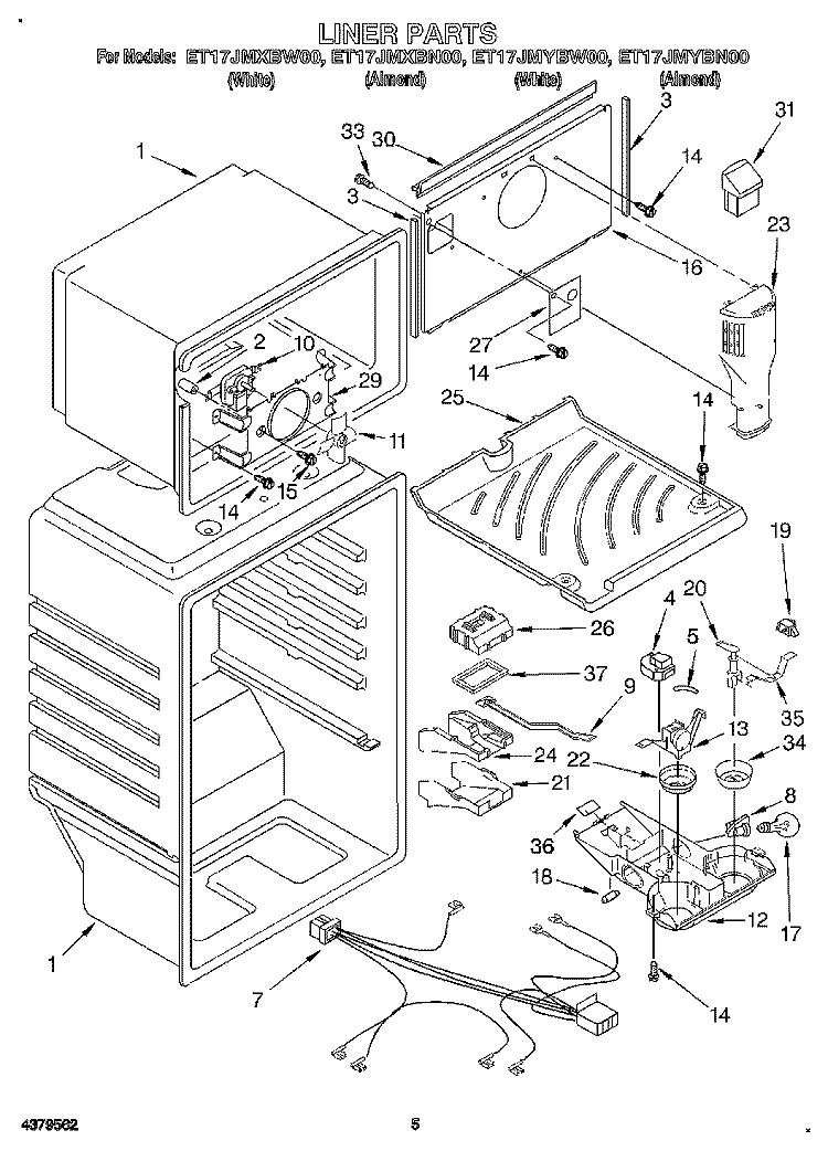 LINER Diagram and Parts List for ET17JMXBW00  Whirlpool Refrigerator