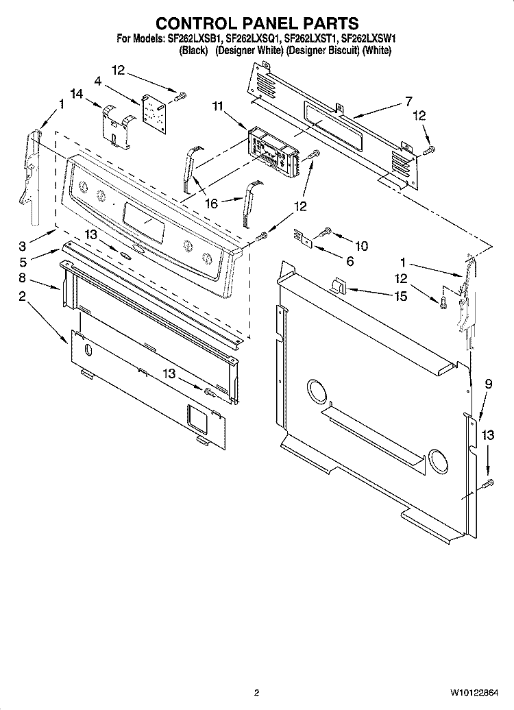 CONTROL PANEL PARTS Diagram and Parts List for SF262LXSQ1  Whirlpool Range