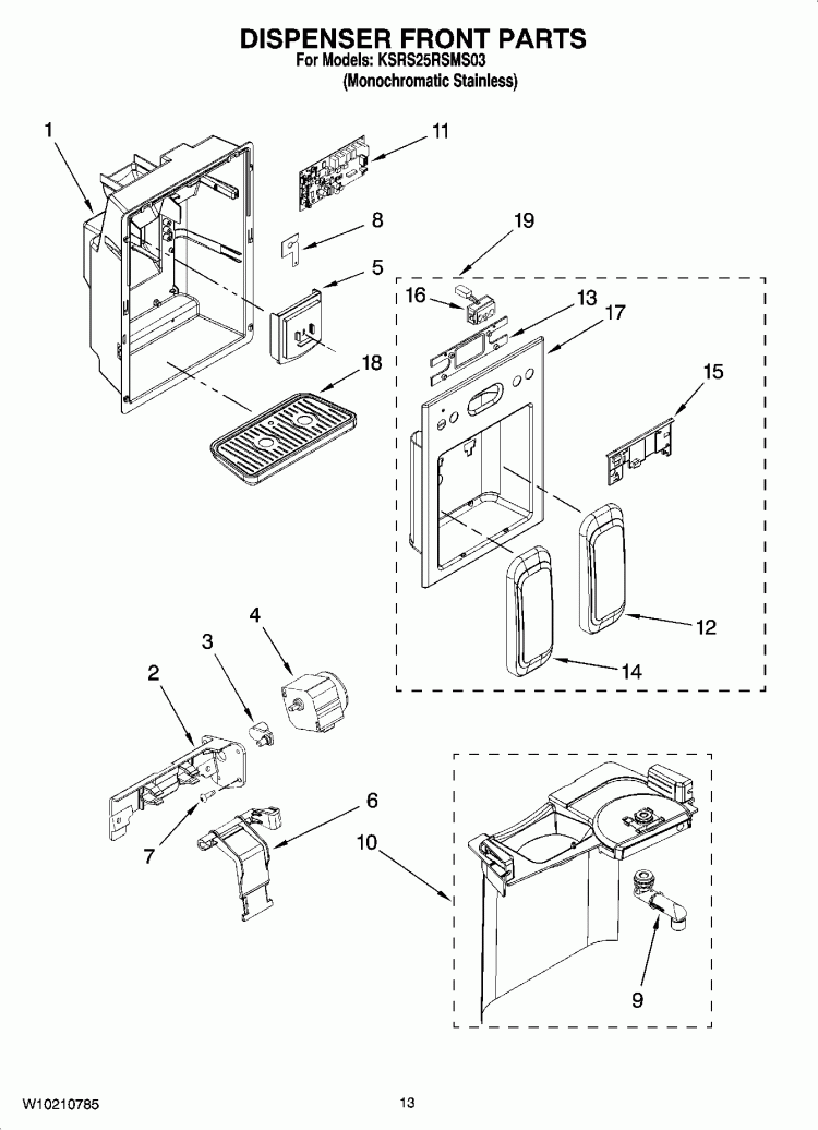 DISPENSER FRONT PARTS Diagram and Parts List for KSRS25RSMS03  KitchenAid Refrigerator